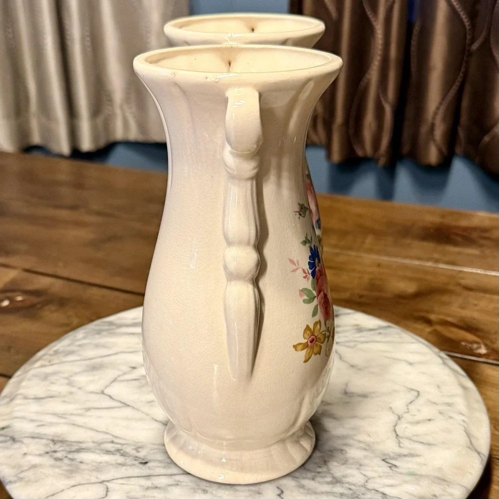 2pc VTG 50s MCM Matching Pair Royal Copley Cream Floral Urn Vases Rose Vase 8.5